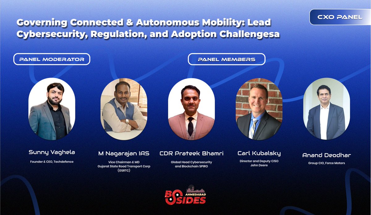 🚗🤖 CXO Panel Alert!

Connected cars, autonomous mobility, and smart transport — the future is already here, but can we secure it? 🔐⚡

At BSides Ahmedabad 0x06, our CXO Panel dives deep into:
“Governing Connected and Autonomous Mobility: Lead Cybersecurity, Regulation, and