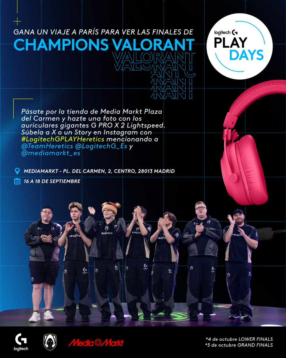 LogitechG_ES's tweet photo. ✈️ ¡Vive Valorant en París!
Del 16 al 18/9 pásate por @MediaMarkt_es Plaza del Carmen, hazte una foto con los PRO X 2 LIGHTSPEED 🎧 y súbela a X con:
👉 @LogitechG_ES @TeamHeretics @MediaMarkt_es + #LogitechGPLAYHeretics

🎟️ Sorteamos un viaje para 2 a las Lower Finals & Grand Finals en París (4-5 oct).