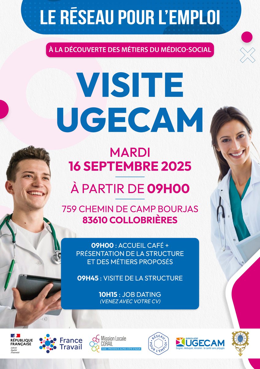 Mardi 16 septembre, dès 09h00, le Réseau Pour l’Emploi et notre partenaire UGECAM vous invitent à découvrir les #métiers du médico-social ! 🙂

Au cœur de #Collobrières, visitez le site, explorez les différentes professions du secteur… et pourquoi pas décrocher un #emploi ? 🤩