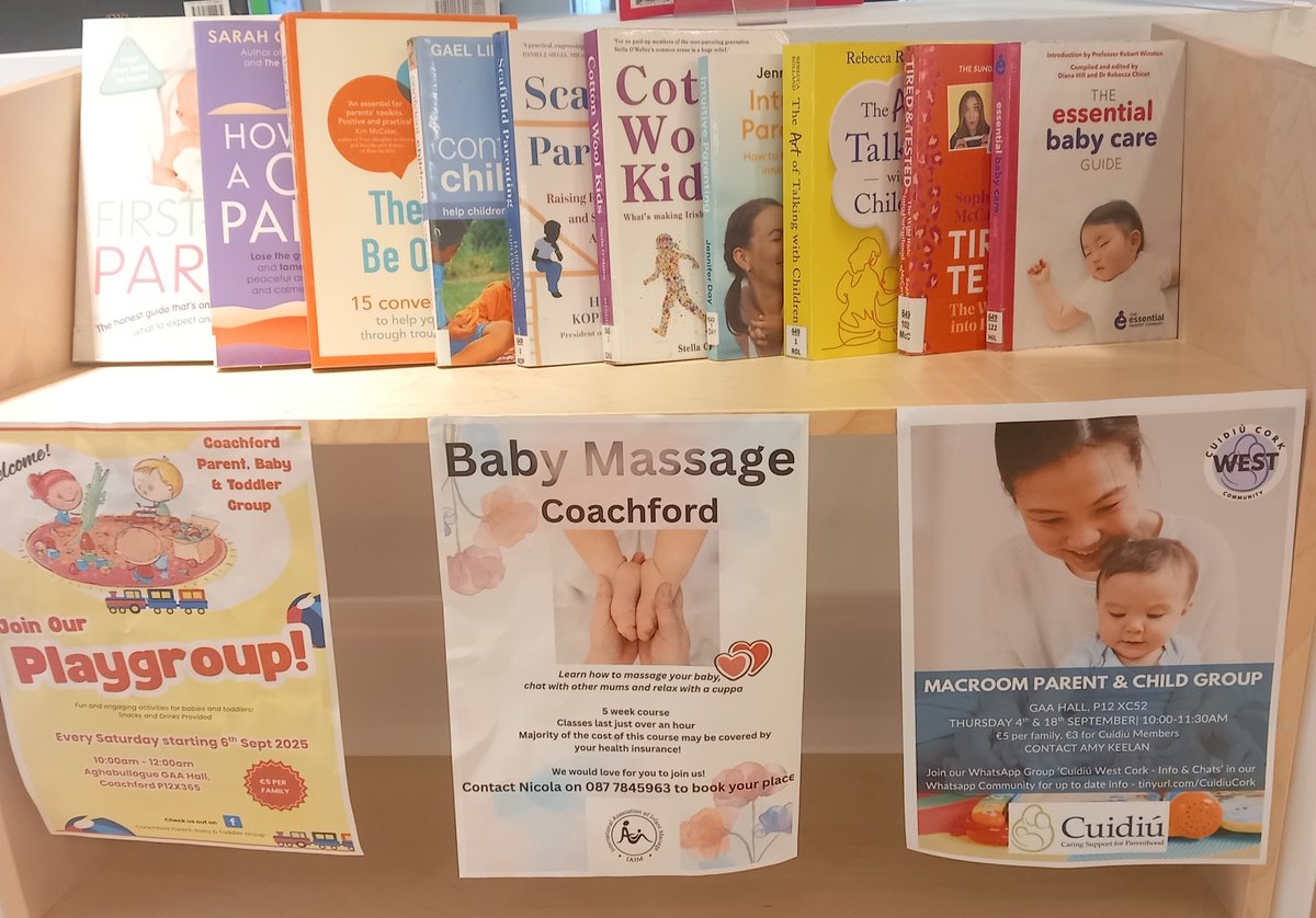 corkcolibrary's tweet photo. Join us for nursery rhyme time in #MacroomLibrary next Friday, 12th September. While you're in the library you can check out some other local parent and child events happening.
We also have a variety of parenting books and a large selection of board books for little ones to borrow.