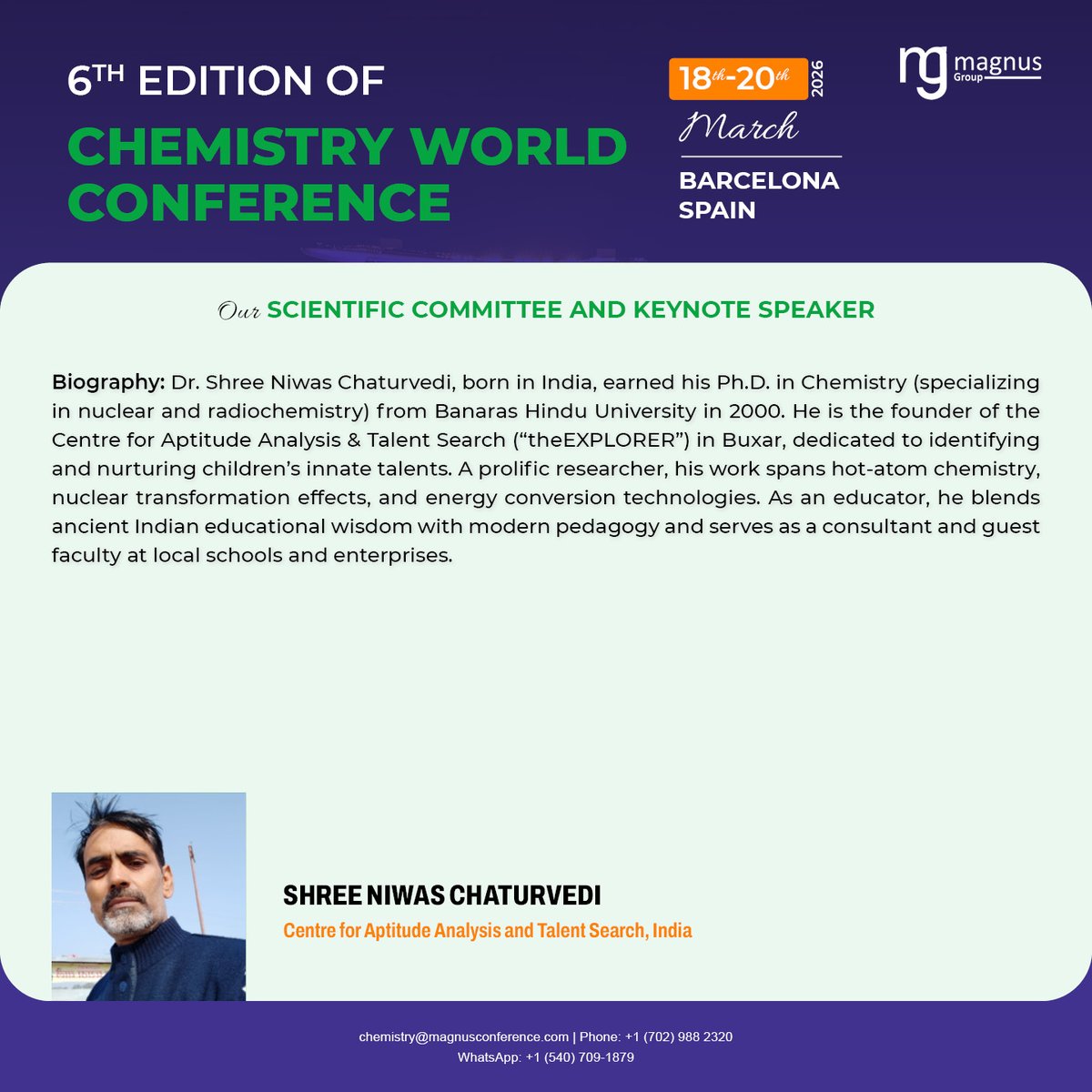 Chemistry World Conference (@chemconference) on Twitter photo ๐ฌHonored to spotlight #ShreeNiwasChaturvedi, Centre for Aptitude Analysis and Talent Search, India, a renowned Chemistry expert, join <a href="/ChemConference/">Chemistry World Conference</a> hosted by <a href="/magnus_group/">Magnus Group</a>!
๐
June 18โ20, 2026 |๐Barcelona | ๐ Hybrid
๐ chemistryworldconference.com
#ChemistryWorldConference ๐ฌHonored to spotlight #ShreeNiwasChaturvedi, Centre for Aptitude Analysis and Talent Search, India, a renowned Chemistry expert, join <a href="/ChemConference/">Chemistry World Conference</a> hosted by <a href="/magnus_group/">Magnus Group</a>!
๐
June 18โ20, 2026 |๐Barcelona | ๐ Hybrid
๐ chemistryworldconference.com
#ChemistryWorldConference