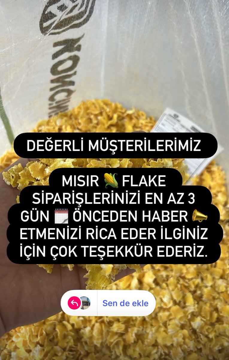 esasyemtr's tweet photo. Değerli Müşterilerimiz 

Mısır 🌽 flake siparişlerinizi en az 3 gün 🗓️ önceden haber 📣etmenizi rica eder ilginiz için çok teşekkür ederiz. https://t.co/9TR0NxN65g