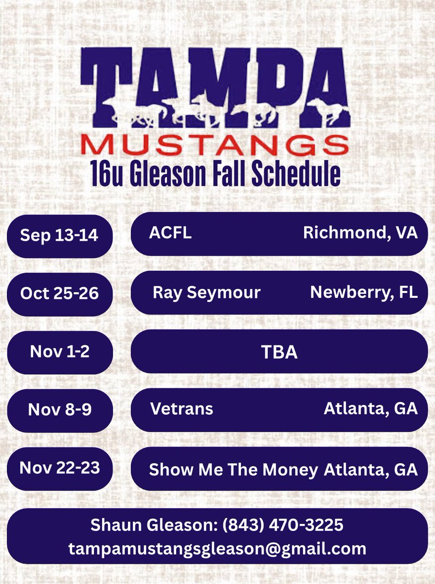 Looking forward to a great year with <a href="/MustangsGleason/">Tampa Mustangs Gleason 16U</a>! Fall schedule is here!