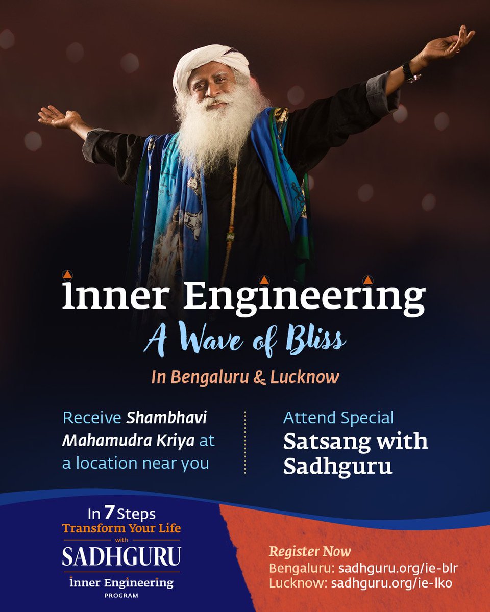 ishafoundation's tweet image. A wave of bliss is coming to Bengaluru &amp;amp; Lucknow! Register for @SadhguruJV&apos;s 7-step #InnerEngineering program now and receive the transmission of Shambhavi Mahamudra Kriya in person at any of the 50+ locations across Bengaluru and Lucknow. This is also a rare opportunity to…