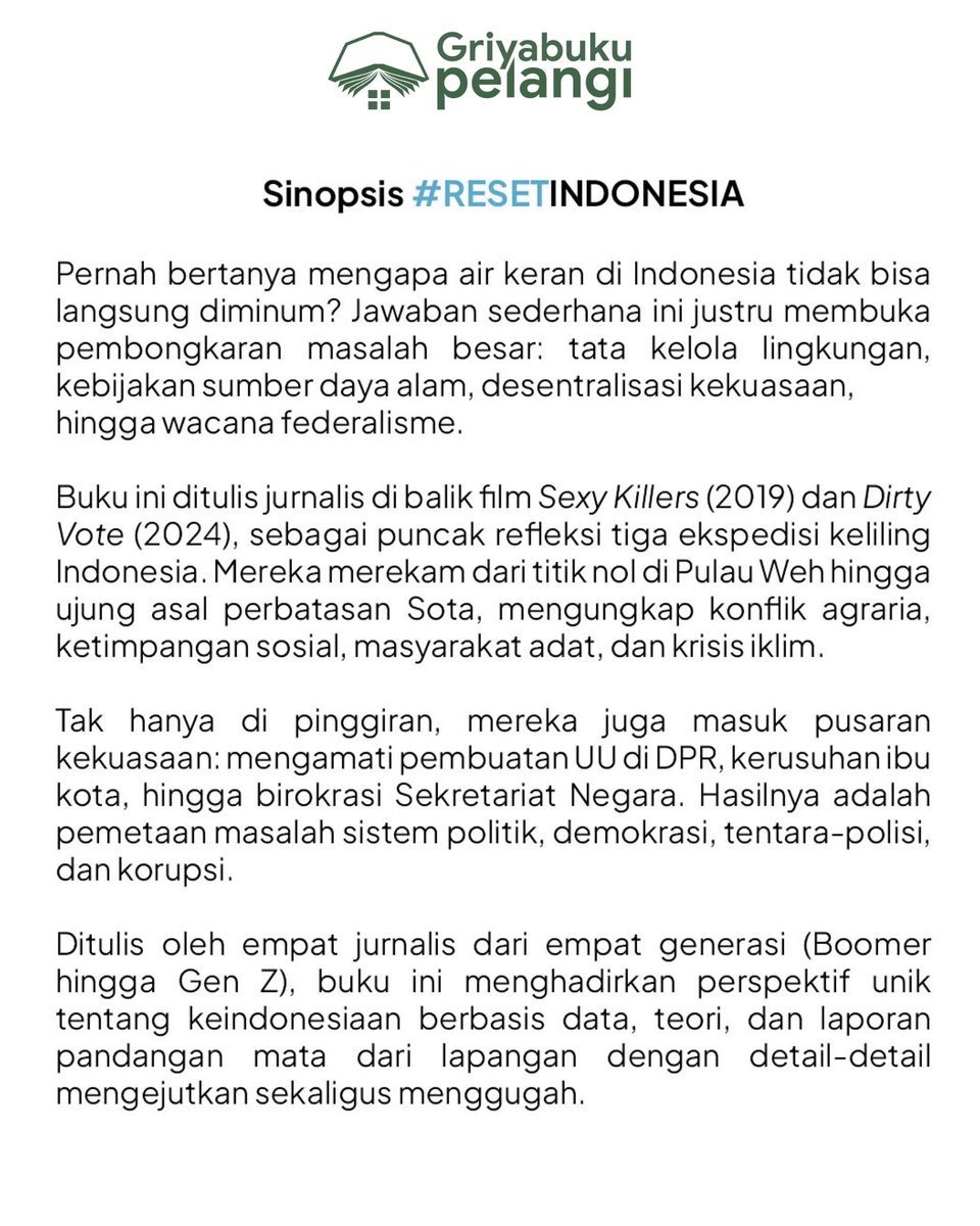 Buku dari <a href="/idbaruid/">Ekspedisi Indonesia Baru</a> <a href="/patjarmerah_id/">patjarmerah</a> <a href="/KomunitasBambu/">Komunitas Bambu</a>  sudah bisa dipesan. Ditulis <a href="/Dandhy_Laksono/">Dandhy Laksono</a> <a href="/faridgaban/">Farid Gaban</a> <a href="/BenayaHarobu/">Benaya Harobu</a> @PriambodoYusuf 

Teman-teman bisa memesan melalui wa.me/628989070003 atau di shopee: shopee.co.id/product/137256…

#ResetIndonesia