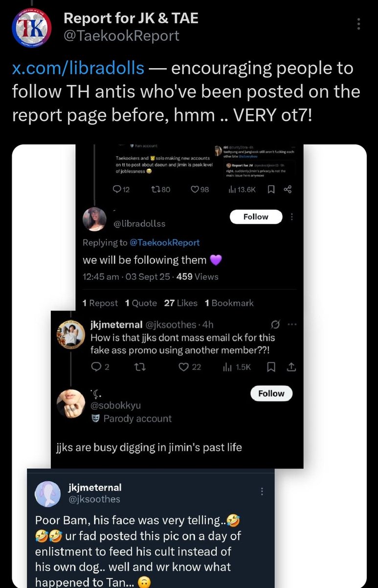 TaekookReport's tweet image. ⚠️🚨‼️ Attention! Tag your moots if they’re following this 🐯 anti.

@/libradollss and @/whresjk are the SAME person.

👉 Unfollow &amp;amp; Block both.
🔗 x.com/whresjk
🔗 x.com/libradollss — confirmed 🐯 anti.
