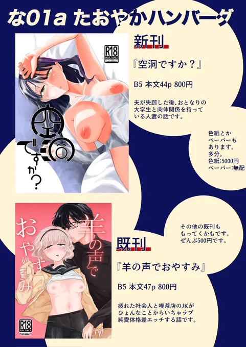 コミティア153のお品書きです。新刊あります!
な01a、「たおやかハンバーグ」でお待ちしております!
色紙とペーパーの代わりに新刊2が出るかもしれません。出たら1部200円です。なにとぞ。

#コミティア153
#COMITIA153
 #コミティア153お品書き 