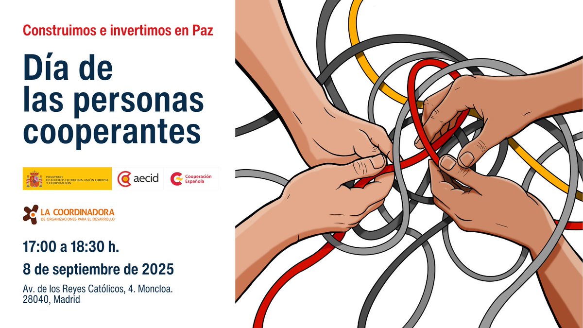 🌍 El 8 de septiembre celebramos el #DíaDeLasPersonasCooperantes
Sigue en directo el acto desde las 17h con intervenciones, presentación del Informe 2025 y el conversatorio “Construimos e Invertimos en Paz” 🔗tinyurl.com/muz4vvnh
@cooperacionesp <a href="/CoordiONGD/">La Coordinadora✳️</a> #somoscooperacion