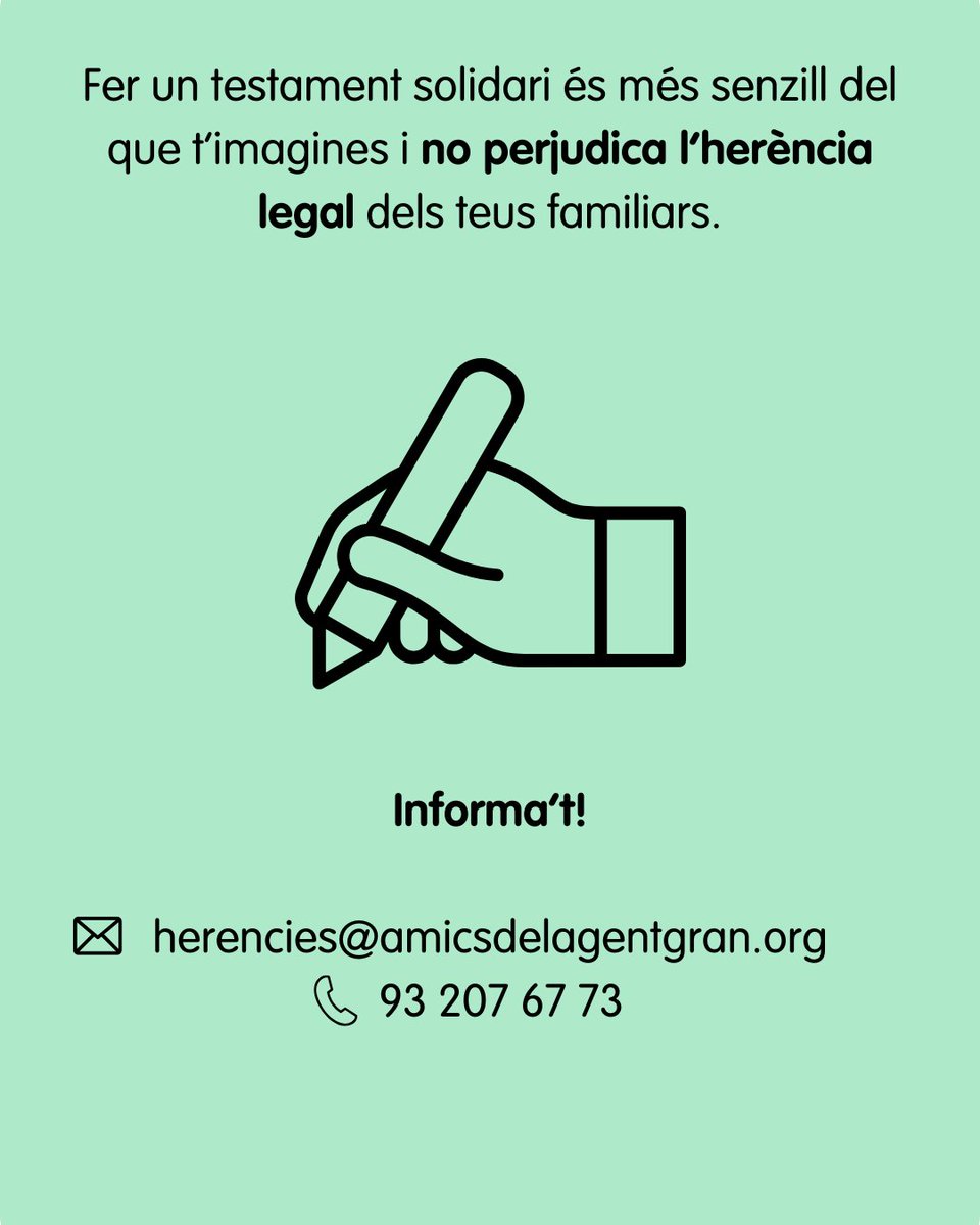 💙 Avui, 13 de setembre, celebrem el #DiaInternacionaldelTestamentSolidari.

Un gest senzill que permet donar suport a causes que t’importen i deixar una empremta que perdura 🤝

És fàcil de fer i no perjudica l’herència legal dels teus familiars. Més info al nostre web 🔗