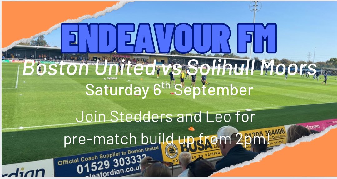 The weekend has nearly landed and it’s home commentary of <a href="/bostonunited/">Boston United</a> vs <a href="/SolihullMoors/">Solihull Moors FC</a> on <a href="/endeavourfm/">107 Endeavour FM</a>!
Join <a href="/DStedders/">Stedders</a> and Leo Warren for all the pre-match build up from 2pm on FM, online and via smart speakers
🧡🖤⚽️🎙️📻