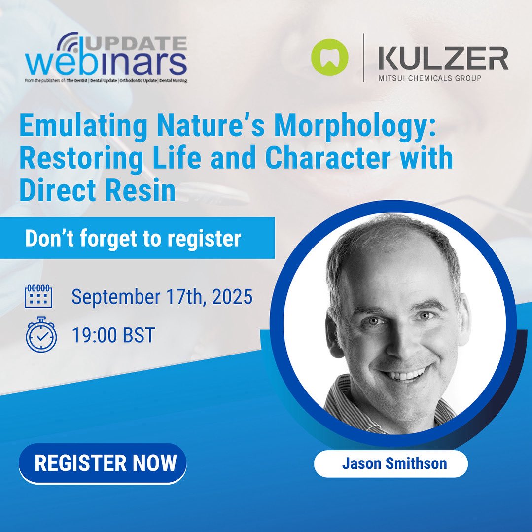 New upcoming #webinar 

Emulating Nature’s Morphology: Restoring Life and Character with Direct Resin - a webinar with Dr Jason Smithson in collaboration with Kulzer. 

📆 Wednesday September 17, 2025 
🕖 1900 - 2000
💻 view6.workcast.net/register?cpak=…  

<a href="/DentalUpdateUK/">Dental Update</a>