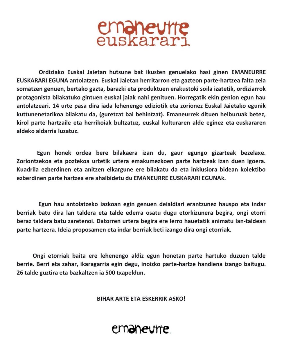 ESKERRIK ASKO ETA BIHAR ARTE! #ordizia #euskaljaiak