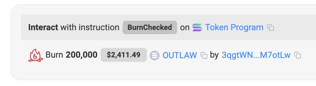 DAY 4:   
200,000 $OUTLAW BURNED FOREVER 🔥🔥🔥

Thanks to <a href="/jup_studio/">Jup Studio</a> trading fees :)    

3B video gamers in the world.  
996M $OUTLAW left.   
Do the math. ;)