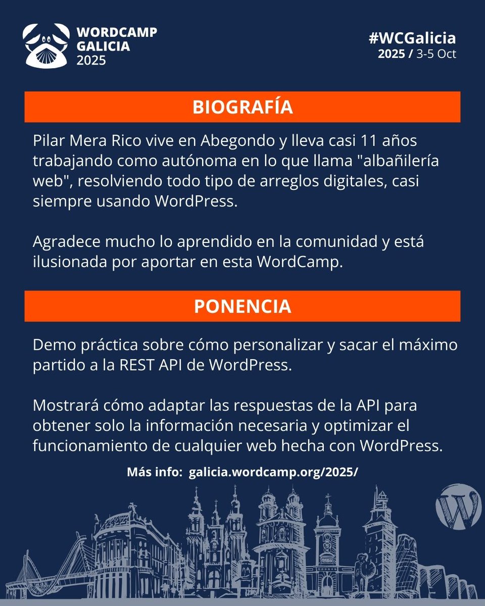 WCGalicia's tweet photo. Albañila web desde hace 11 años, experta en WordPress y siempre lista para echar una mano digital.

🙍🏻‍♀️ Pilar Mera

🎟 https://t.co/nvkXFRl6hX

🦀 #WCGalicia
📆 3 al 5 de octubre

#Ponentes #Galicia https://t.co/eTnNSuYxVF