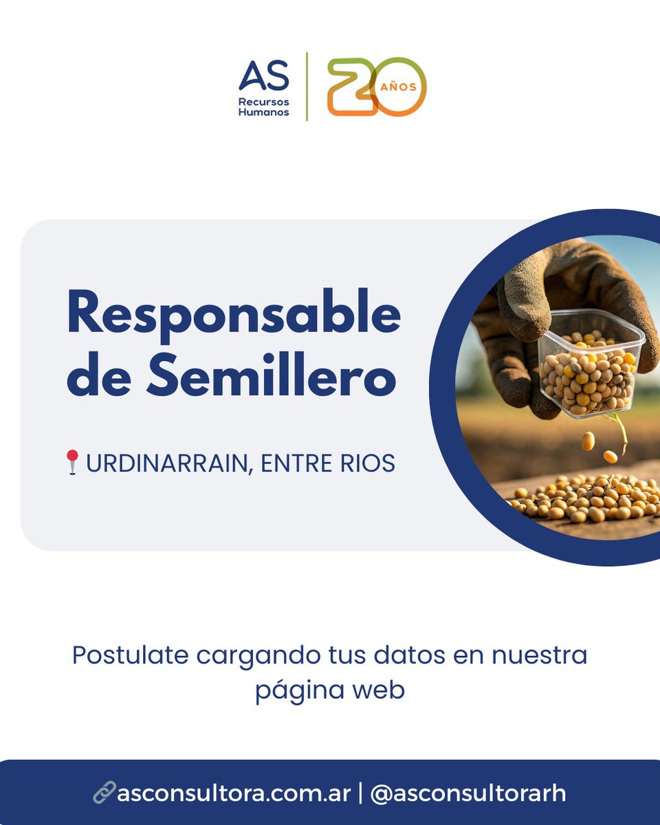 📣 Responsable de Semillero
📍Urdinarrain, Prov. de Entre Rios

👉🏼Seleccionaremos para empresa líder en el rubro agrícola de la provincia de Entre Ríos, con sede en la ciudad de Urdinarrain un responsable del semillero 

⤵ Postúlate cargado tus datos
asconsultora.hiringroom.com/jobs/get_vacan…