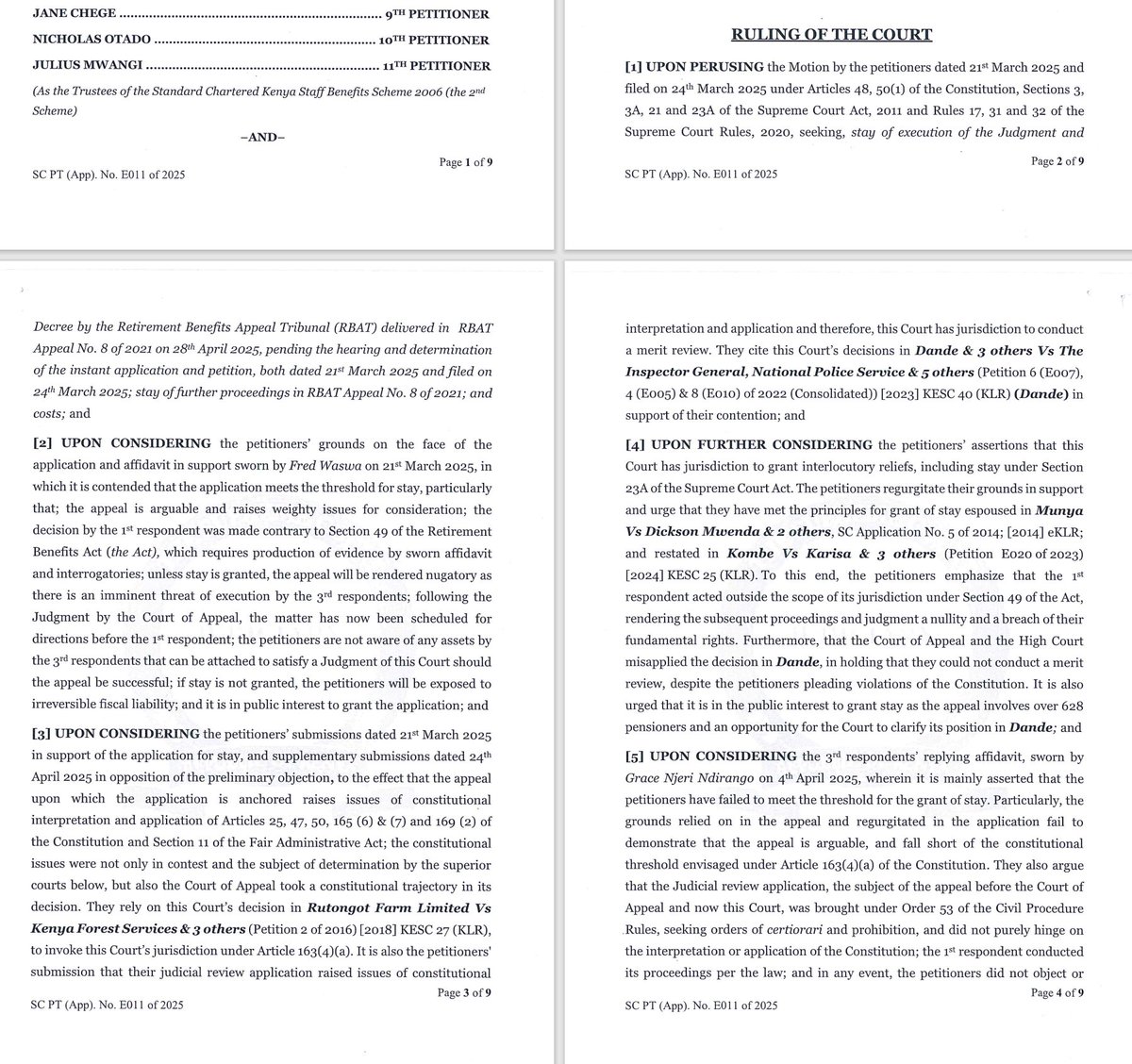 MwangoCapital's tweet image. The Supreme Court has struck out StanChart Kenya’s bid to stop the KES 30B pension payout to 629 former staff:

—The judges ruled the appeal raised no constitutional issues, making it inadmissible.
—The Court of Appeal had earlier upheld the Tribunal’s decision, stressing…