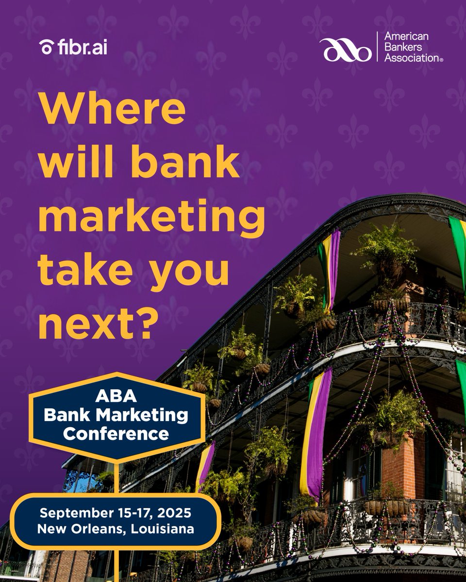 fibr_ai's tweet image. We’re attending @ABABankers 2025 Bank Marketing Conference! 

🗓️ Sept 15-17, 2025 
📷 Hyatt Regency, New Orleans  

See you there!  

#ABA #ABAConference #FibrAI