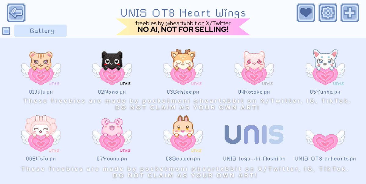 heartxbbit's tweet image. UNIS Moshi Moshi pixel heart wings are finally here~ Sorry it took so long, had to organize 🫣🪽🩵🤍

As usual, no AI, no selling, do not claim as your own art 🪽

🔗 Gdrive: drive.google.com/drive/folders/…

@UNIS_offcl
#ArtworksForUnis
#UnisMuseo
#UNIS #유니스
#pixelart