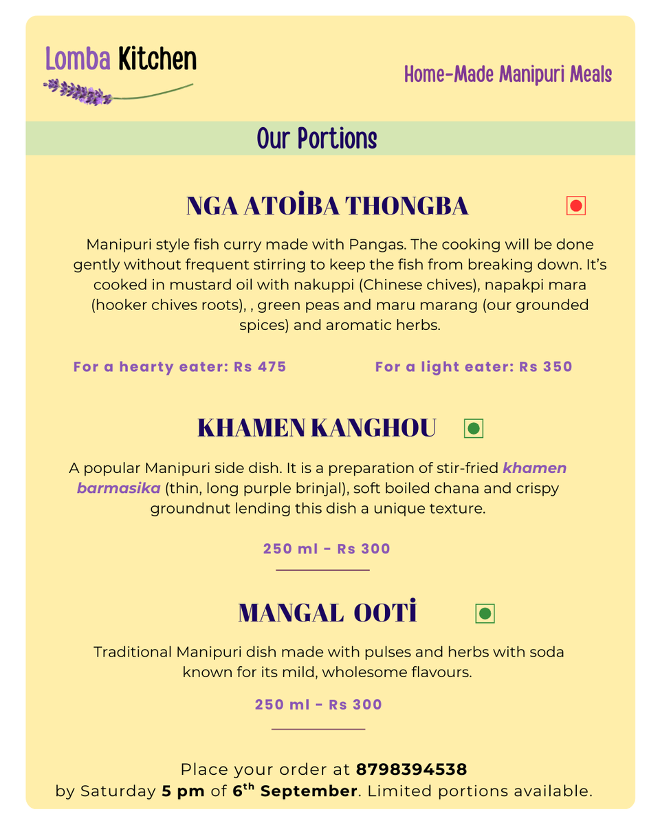 ✨ ✨We  are back with a new meal. This Sunday we have a guest chef Dr Bembem Thounaojam. She is going to prepare a fish curry she learned from her mother. Our thali will come with 4 other dishes. Pls place your order early.

Prebook your Sunday lunch! 
Call/Text: 8798394538