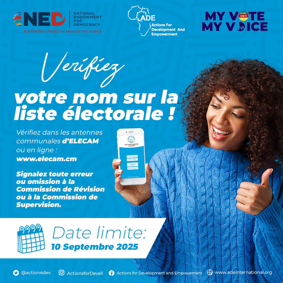 📣 Check your name on the Electoral Register!

Visit ELECAM branches or 👉 elecam.cm

Report errors before Sept 10, 2025.

Make sure your name is on the list &amp; your voice counts! 🗳️

#MyVoteMyVoice #VoteReady #CameroonDecides