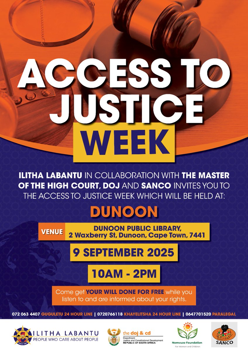 <a href="/IlithaLabantu/">Ilitha Labantu</a>, in partnership with the Master of the High Court &amp; the <a href="/DOJCD_ZA/">The DoJ & CD</a>, is hosting #AccessToJusticeWeek2025 across various communities in the Western Cape. Offering free wills drafting and legal advice to help communities to secure their rights &amp; protect their futures.