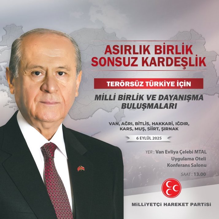 Asırlık Birlik
Sonsuz Kardeşlik

Van, Ağrı, Bitlis, Hakkari, Iğdır, Kars, Muş, Siirt, Şırnak

📆 6 Eylül 2025 - Cumartesi
⏰ Saat: 13.00
📍 Yer: Van Evliya Çelebi MTAL Uygulama Oteli Konferans Salonu