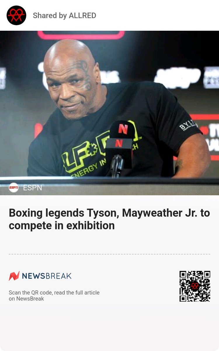 ALLREDToDoRoJo's tweet image. Boxing legends Tyson, Mayweather Jr. to compete in exhibition #MikeTyson #Boxing #Boxingring #FloydMayweather #Professionalboxing
share.newsbreak.com/euu69t7y