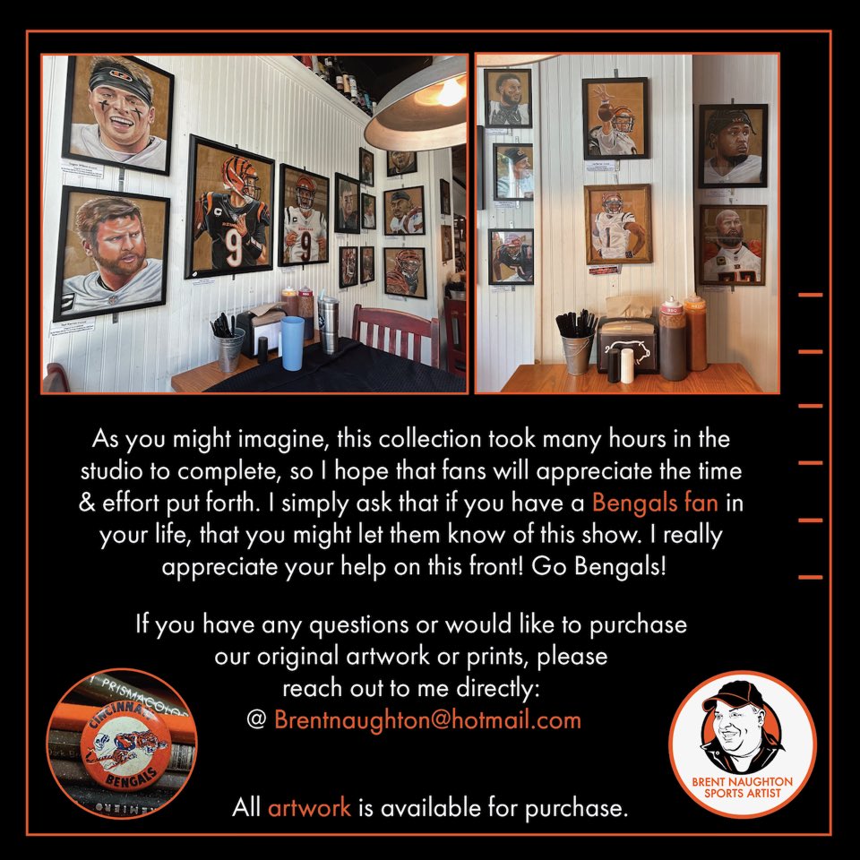 bengaljims_BTR's tweet photo. Local artist Brent Naughton currently has 70 pieces of original Bengals themed artwork of players from our current roster back to the first Bengal, John Stofa displayed at @ElisBBQCincy 

These pieces are amazing! 

#CincinnatiFootballHistory https://t.co/YDaKKdBWxm