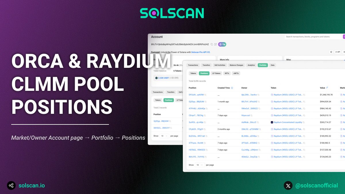 🆕 Positions tab for all Raydium &amp; Orca CLMM markets

We’ve built a detailed view of every CLMM pool created on two of Solana’s major protocols: <a href="/orca_so/">Orca 🌊</a> and <a href="/RaydiumProtocol/">Raydium</a>.

You’ll find the Positions subtab under Portfolio tab on Market and Owner Account pages. Let’s take a