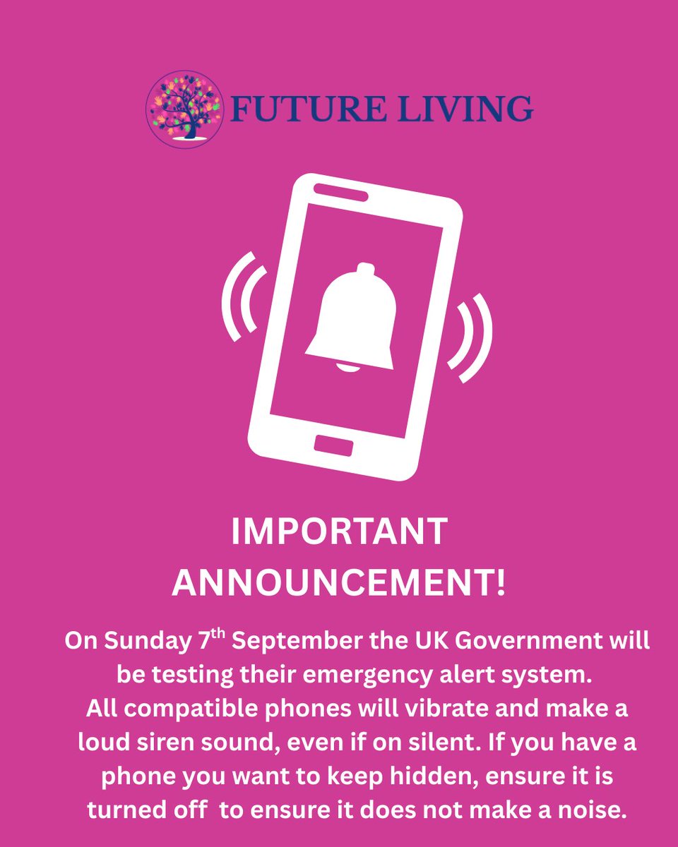 On Sunday 7th September the UK Government will be testing their emergency alert system.

All compatible phones will vibrate and make a loud siren sound, even if on silent. If you have a phone you want to keep hidden, ensure it is turned off to ensure it does not make a noise.
