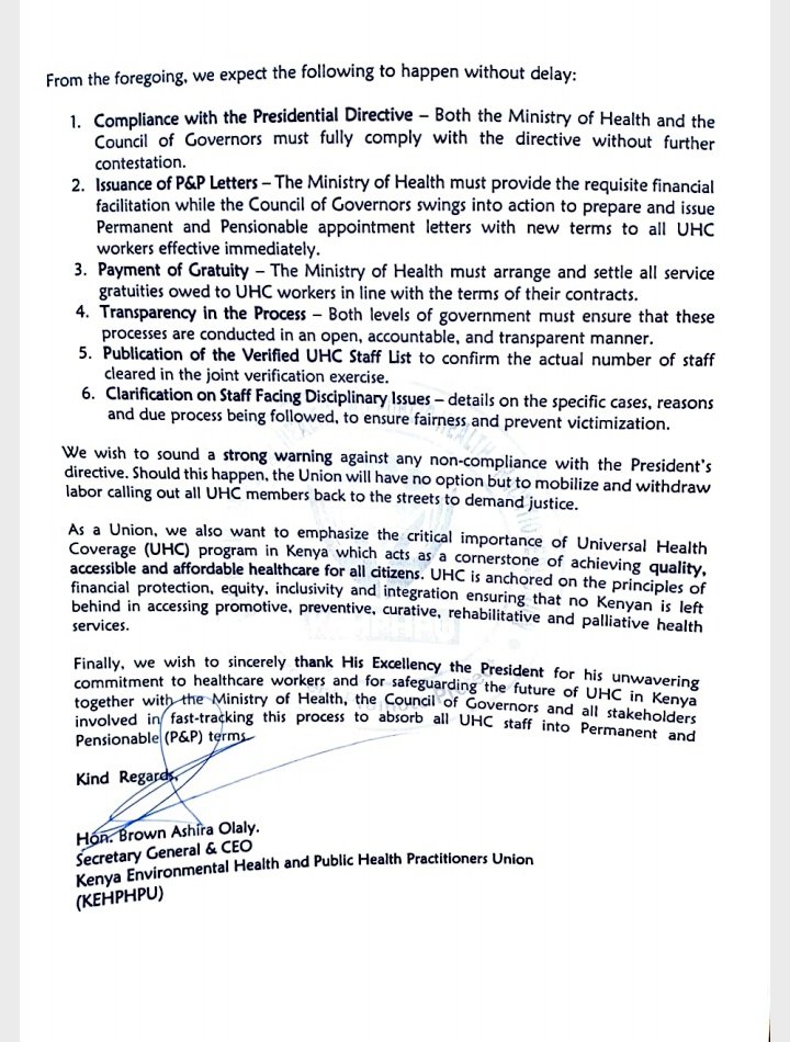 <a href="/HonAdenDuale/">Hon. Aden Duale, EGH</a>:

The presidential directive by <a href="/WilliamsRuto/">William Samoei Ruto, PhD</a> as of yesterday, is that all UHC staff MUST be transitioned this month September 2025 to PnP terms.

The counties led by <a href="/KenyaGovernors/">Council of Governors</a> MUST issue PnP appointment letters for UHC staff without further delay!
<a href="/fnoluga/">Dr. Ouma Oluga, OGW</a>