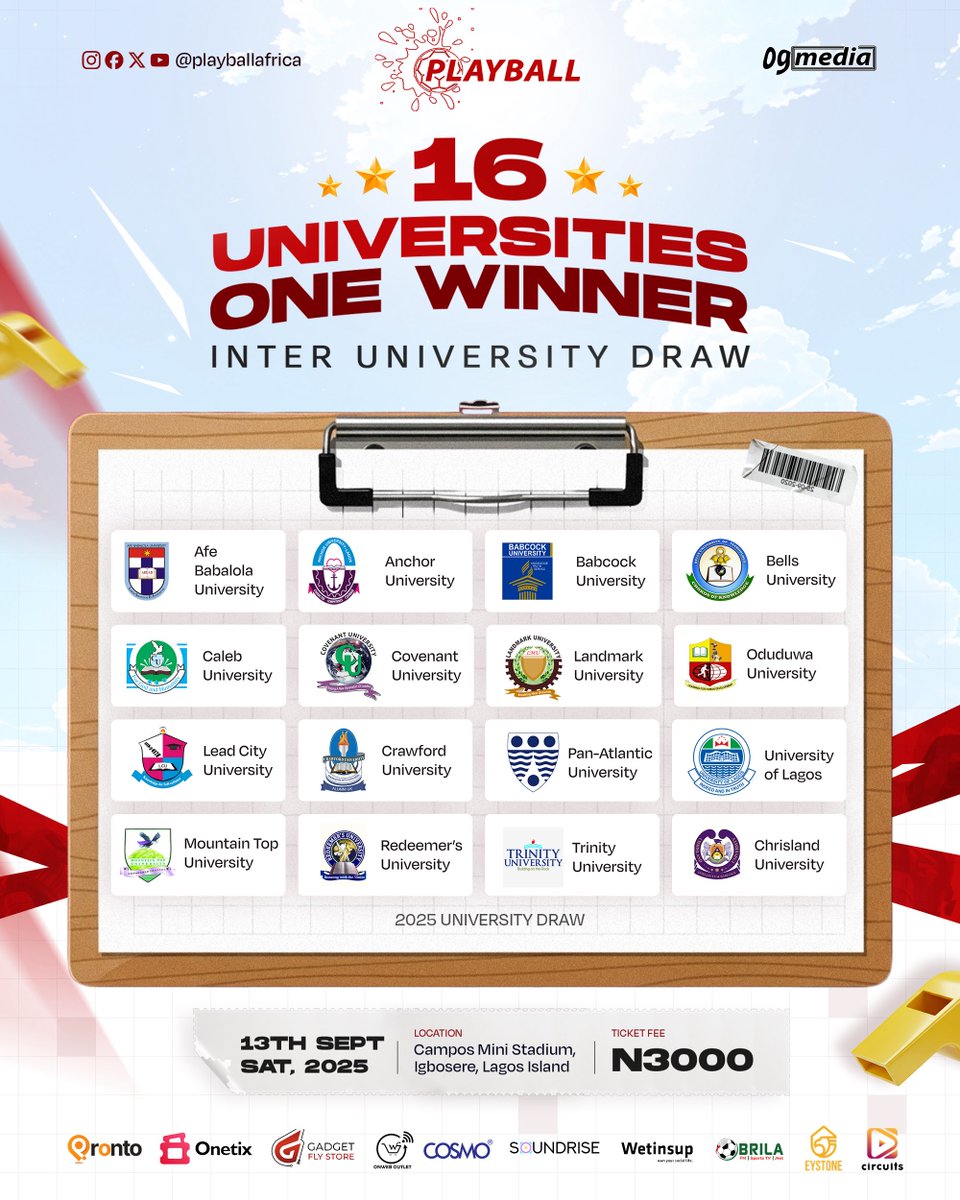 playballafrica's tweet photo. stay updated and get familiar with the 16 universities competing for the Playball25 trophy.

#playball25 https://t.co/nfemOOpnr5