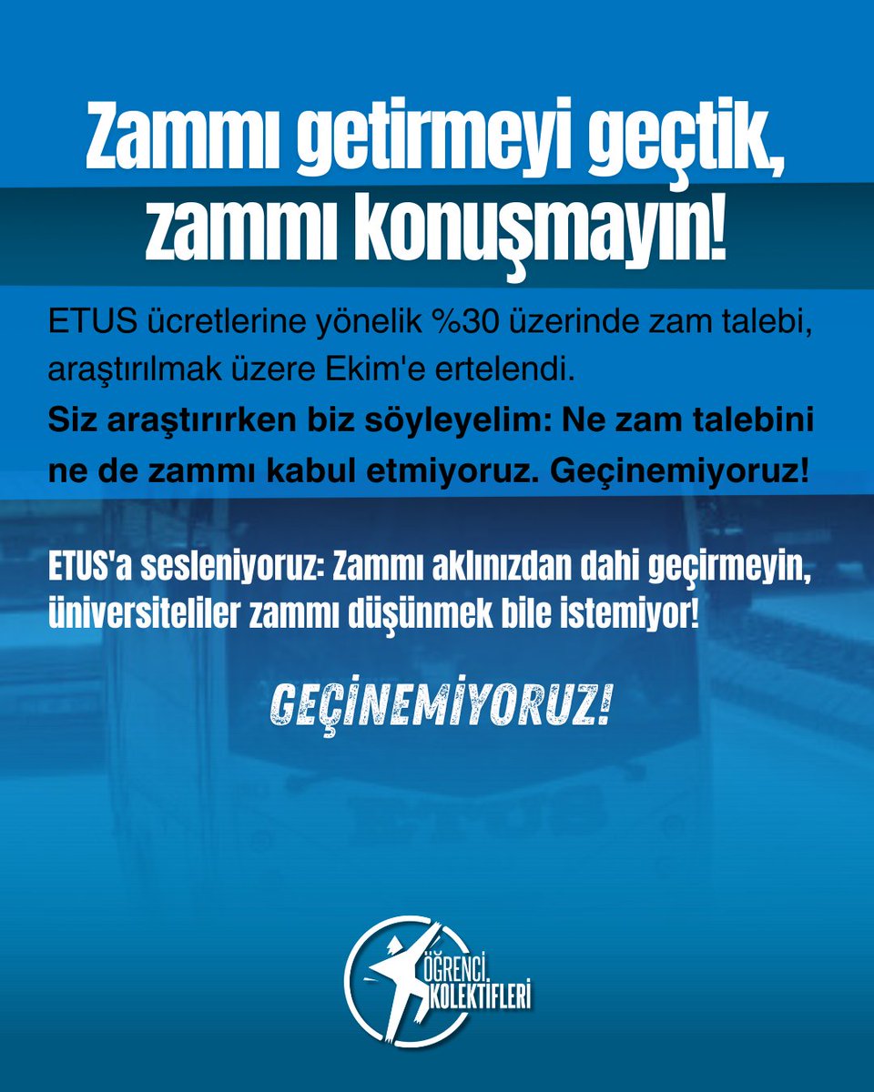 ETUS ücretlerine zam konuşuluyor!

Siz araştırırken biz söyleyelim:

- ETUS, niteliksiz ulaşım koşullarına sahip!
- KYK bursunun/kredisinin yarısını ulaşıma harcamak istemiyoruz!
- Geçinemiyoruz!

Üniversiteliler zam istemiyor!