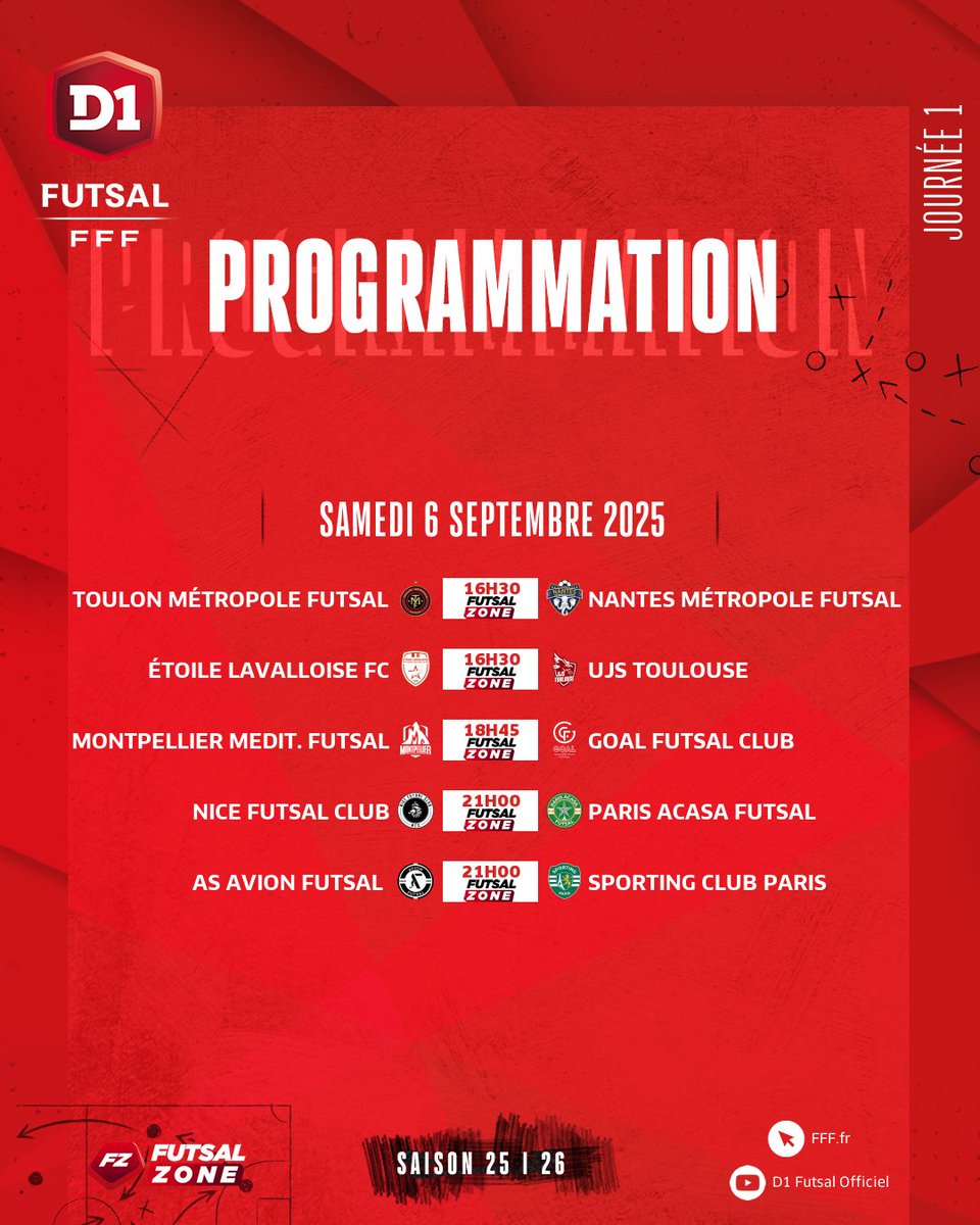 La D1 Futsal est de retour 🔥 
1ère journée à suivre ce samedi sur la chaîne Youtube D1 Futsal Officiel et sur <a href="/futsalzoneTV/">Futsalzone.tv</a> 📺