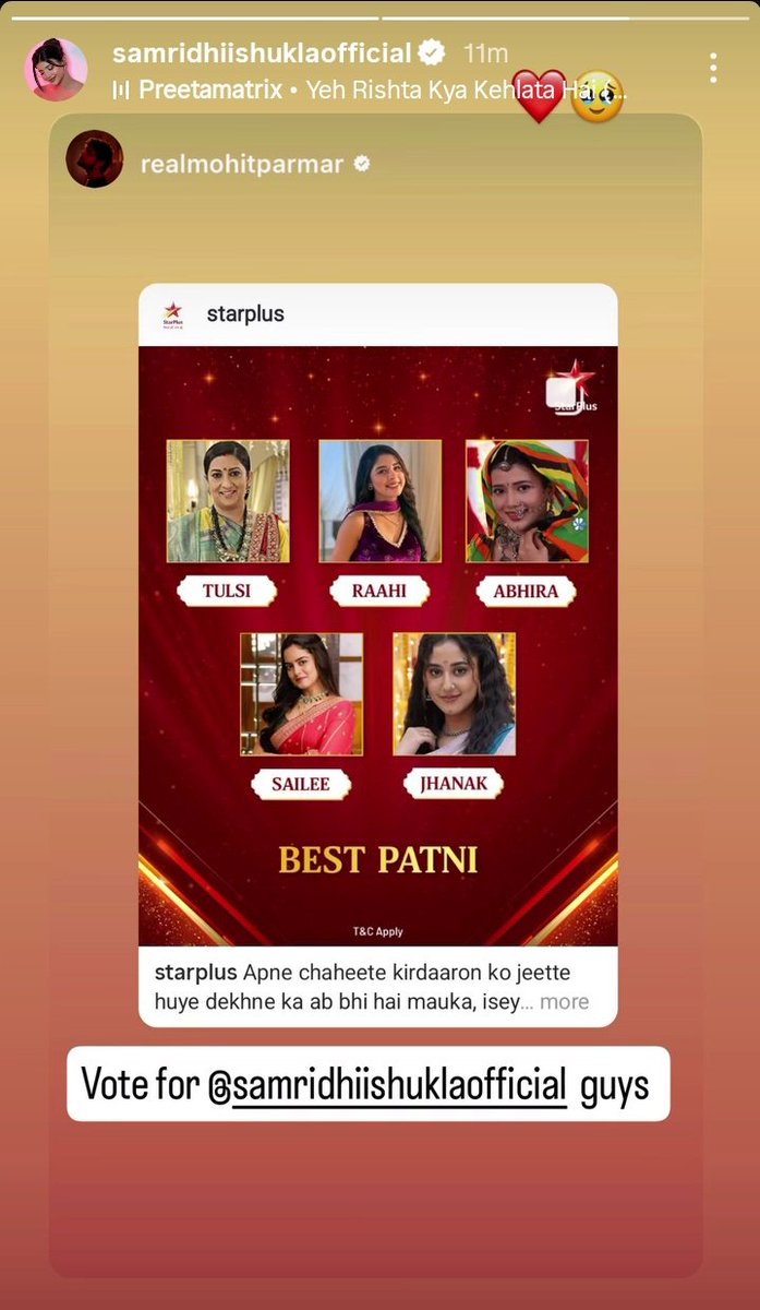 TeamSamridhiiFC's tweet photo. so sweet of Mohit! 🥹✨ They share such awwdorable sibling bond offscreen too🧿🫶🏻
Loved how he said everyone to vote for our samridhii so keep it going vote for abhira under Best Patni category. 💖
•| #samridhiishukla #abhirasharma #mohitparmar #rahir #yrkkh |• https://t.co/adF1LaYda3