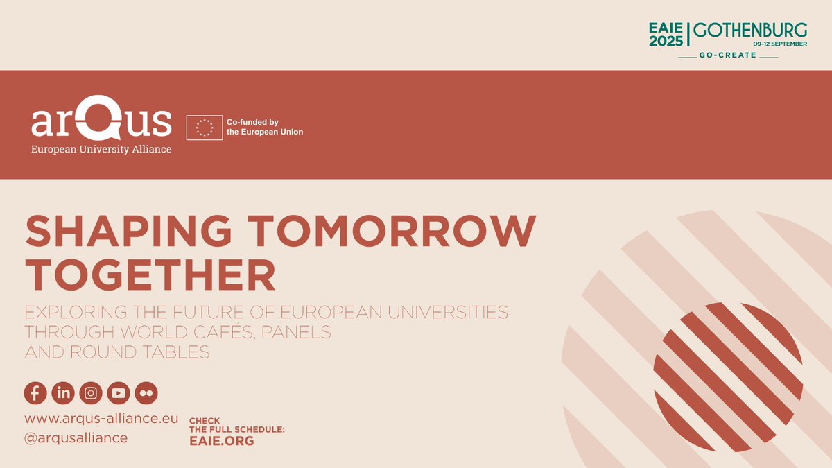 ArqusAlliance's tweet photo. 🌍 Over 35 European University Alliances will be at #EAIE2025 in Gothenburg next week! 

✨ Visit us at booth P77.

Together, as part of @EU_Commission’s #EUI and #FOREU4ALL, we are co-creating the future of #HigherEducation. 

More info: https://t.co/7GWIU1c8YR

#GoCreate https://t.co/CnsqOYPoRY
