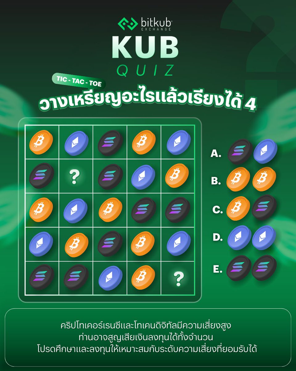 BitkubOfficial's tweet image. #KUBQUIZ วันนี้มาหากัน
เหรียญไหนเรียงแล้วได้ 4 เหรียญ คอมเมนต์มาเลย ! 
.
คำเตือน: คริปโทเคอร์เรนซีและโทเคนดิจิทัลมีความเสี่ยงสูง ท่านอาจสูญเสียเงินลงทุนได้ทั้งจํานวน โปรดศึกษาและลงทุนให้เหมาะสมกับระดับความเสี่ยงที่ยอมรับได้
.
#Bitkub #BitkubExchange #Bitcoin #Ethereum #Solana