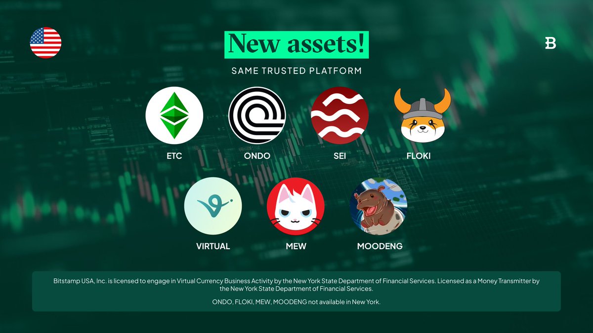 ETC, $ONDO, $SEI, $FLOKI, $VIRTUAL, $MEW, and $MOODENG are now available to  trade on Bitstamp by Robinhood in the US.