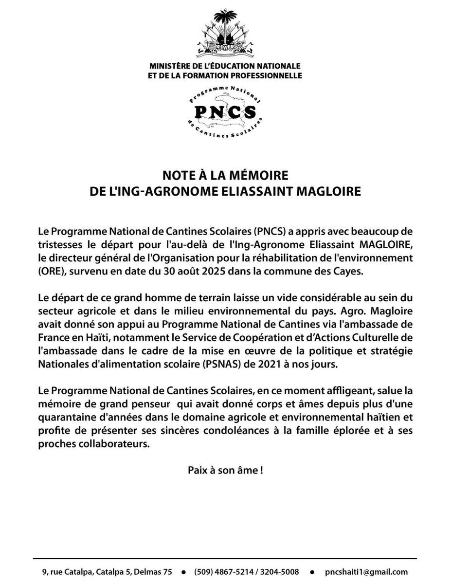 Le programme National de Cantines Scolaires (PNCS) rérend hommage à l'Ing-Agronome Eliassaint MAGLOIRE décédé  le 30 août 2025 pour avoir été l'un des meilleurs collaborateurs du Programme dans le Sud.