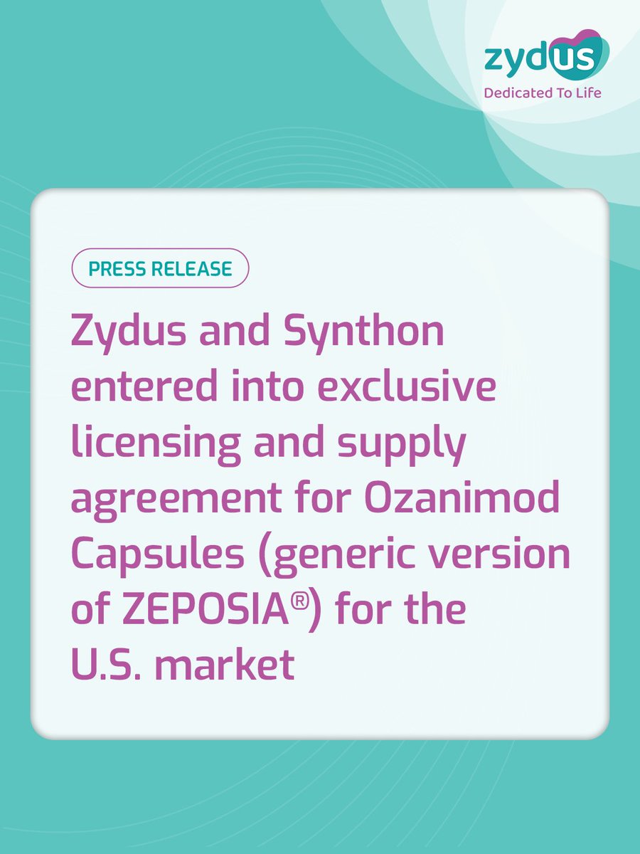 Zydus and Synthon entered into exclusive licensing and supply agreement for Ozanimod Capsules (generic version of ZEPOSIA®) for the U.S. market

Read the full press release here: bit.ly/Zydus_Synthon_…

#Zydus #ZydusGroup #Synthon #PressRelease