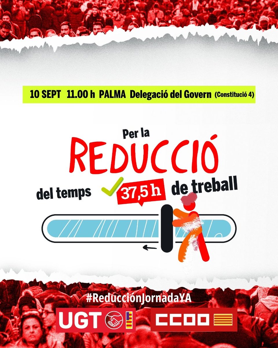 🚨 Les persones tenim dret a gaudir de la nostra vida.

🗳 La setmana vinent en el Congrés es votarà x la #ReduccióDeJornada. Votaran en contra dels interessos de la classe treballadora?

❌Votar NO, perdem temps de vida.
✅Votar SÍ, és donar la talla.