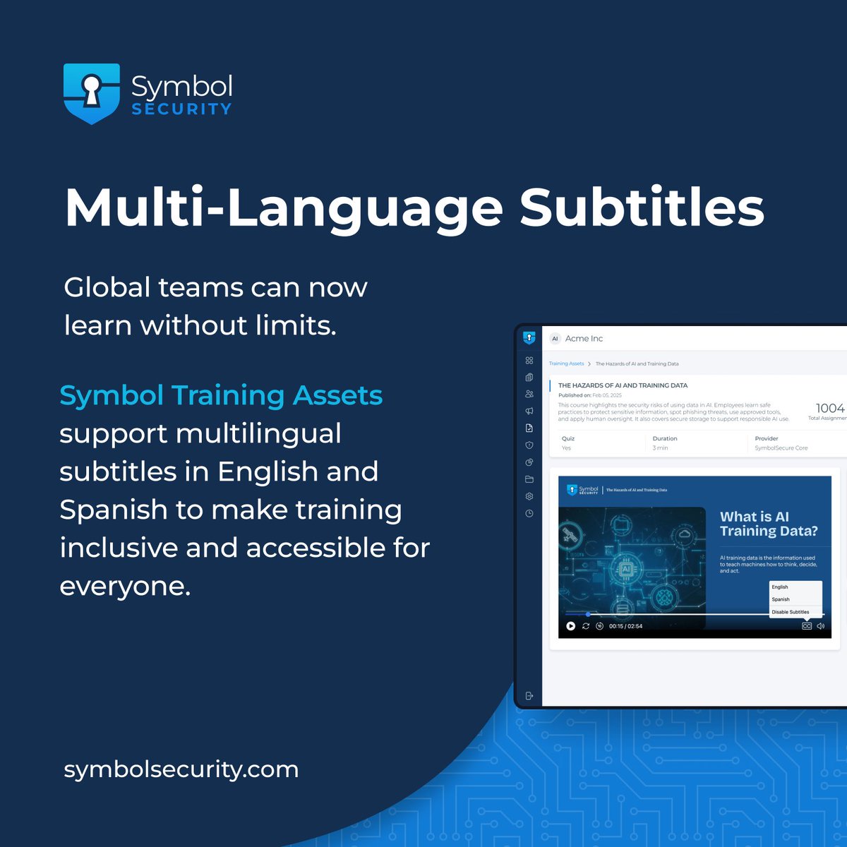 Is language a barrier to security learning? 🌍 Not anymore.
Symbol Security Training Assets now include 🇺🇸 English &amp; 🇪🇸 Spanish subtitles—making training more inclusive and accessible.

Start today 👉 hubs.ly/Q03GNTH10

#CyberSecurity #AwarenessTraining