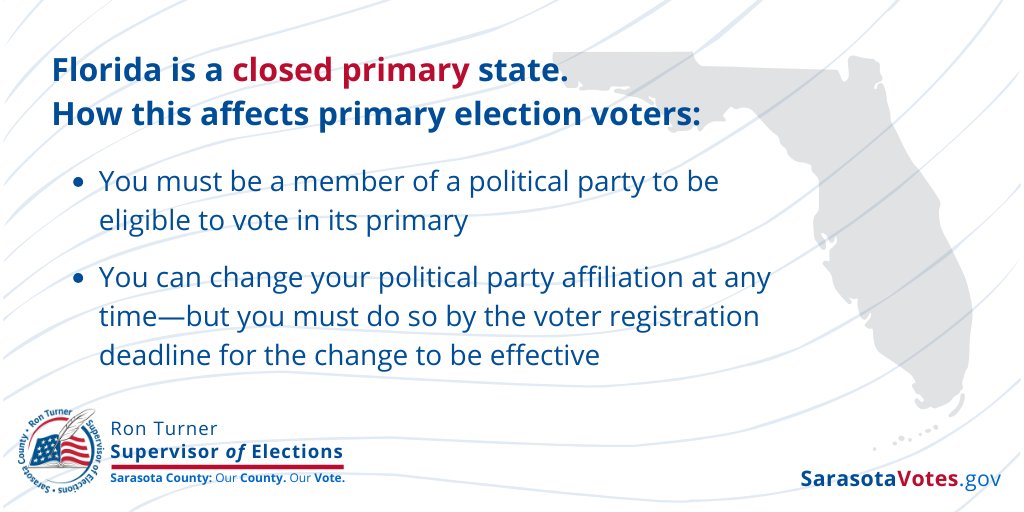 Under Florida law, only voters who are registered members of a political party may vote for candidates in its primary election. A voter may change party affiliation at any time but must do so by the election's registration deadline to be eligible to vote. ow.ly/Jhaa50WRsVZ