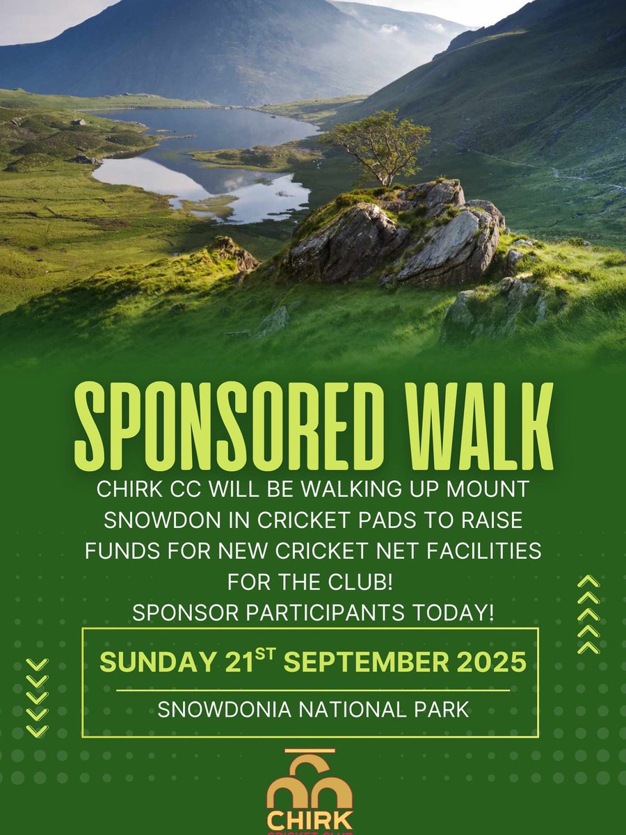 ChirkCC's tweet image. 🚶‍♂️🏏 Chirk CC Sponsored Walk! 🏏🚶‍♀️

On 21st Sept 2025, our players climb Snowdon in cricket pads to raise funds for new nets! 🌄💪

Support us &amp;amp; sponsor today 🙌
📍 Snowdonia National Park
💚 Link in bio to donate!

#ChirkCC #SnowdonChallenge #Fundraiser