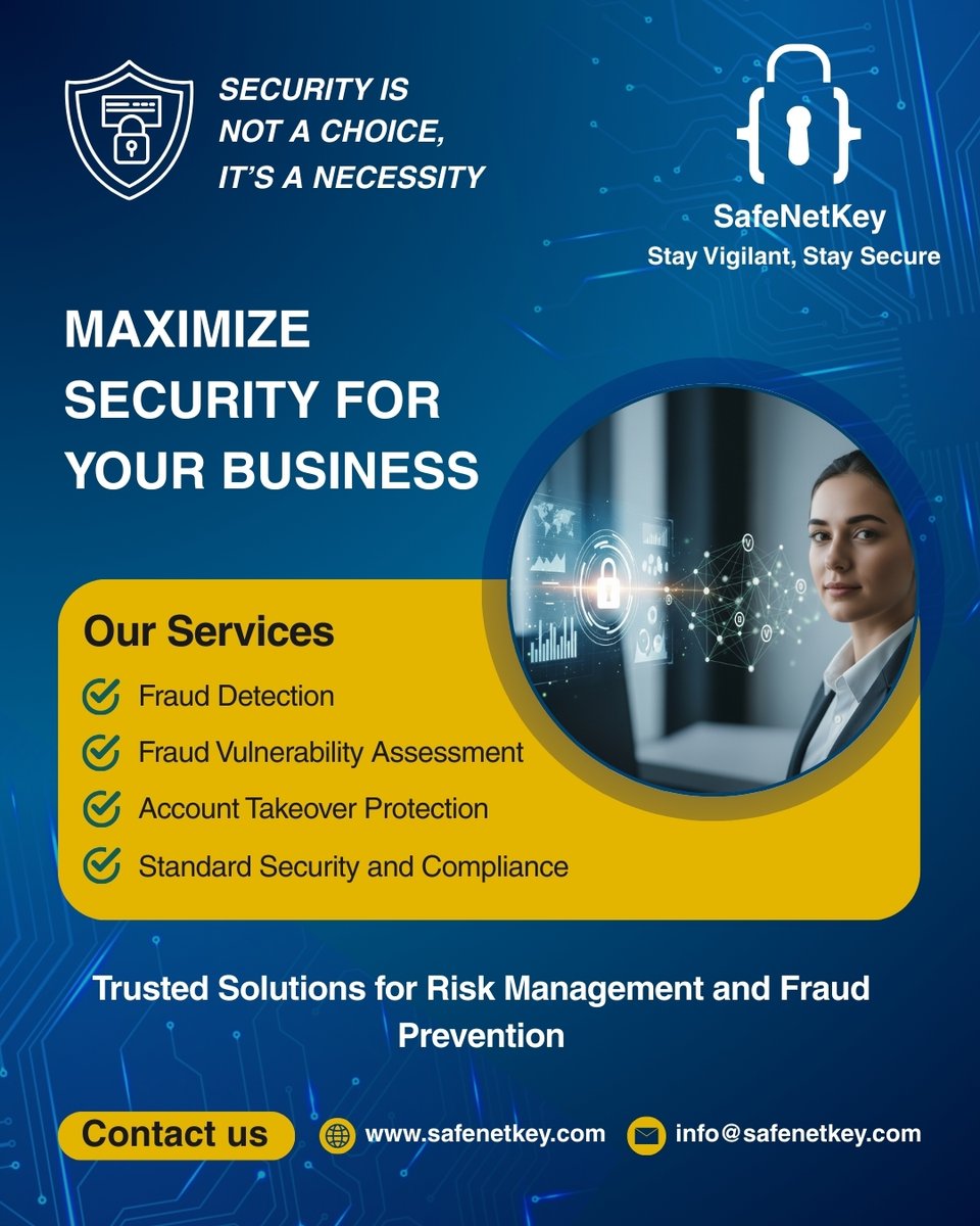 SafeNetKey's tweet image. Stay secure with SafeNetKey. We protect businesses from fraud and illegal actions with advanced detection, vulnerability assessment, and user behavior profiling.

#SafeNetKey #FraudPrevention #RiskManagement #Compliance #SecureBusiness