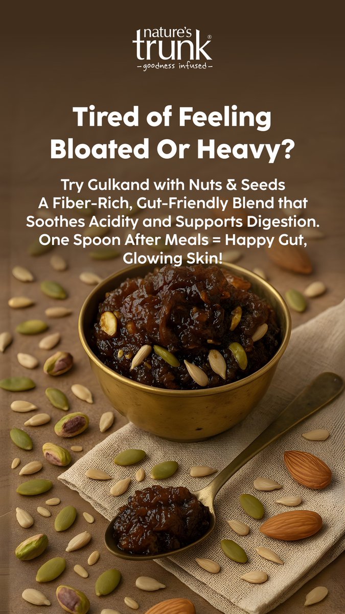 Natures_Trunk's tweet image. Feeling bloated or heavy after meals? 😣
Swap antacids for a spoon of Gulkand with Nuts &amp;amp; Seeds – fiber-rich, gut-friendly &amp;amp; soothing for acidity.
#GutHealth #DigestionMatters #GulkandGoodness #HappyGutHappyYou #NaturalHealing #AyurvedaDaily #GlowingSkinNaturally #BloatingRelief