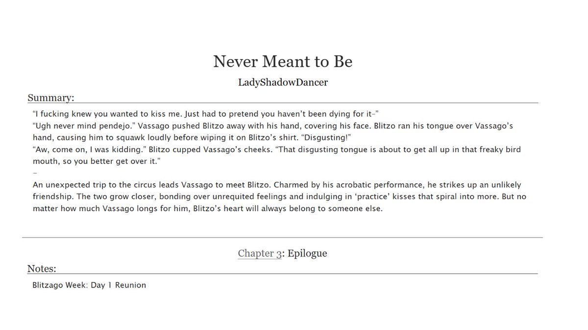 LadyShadowD's tweet photo. 𝗡𝗲𝘃𝗲𝗿 𝗠𝗲𝗮𝗻𝘁 𝘁𝗼 𝗕𝗲 chapter 3 for @blitzagoweek

Day 1 Reunion 

https://t.co/TFsWofreFe

- #blitzagowee https://t.co/dJASZ5Vwwr