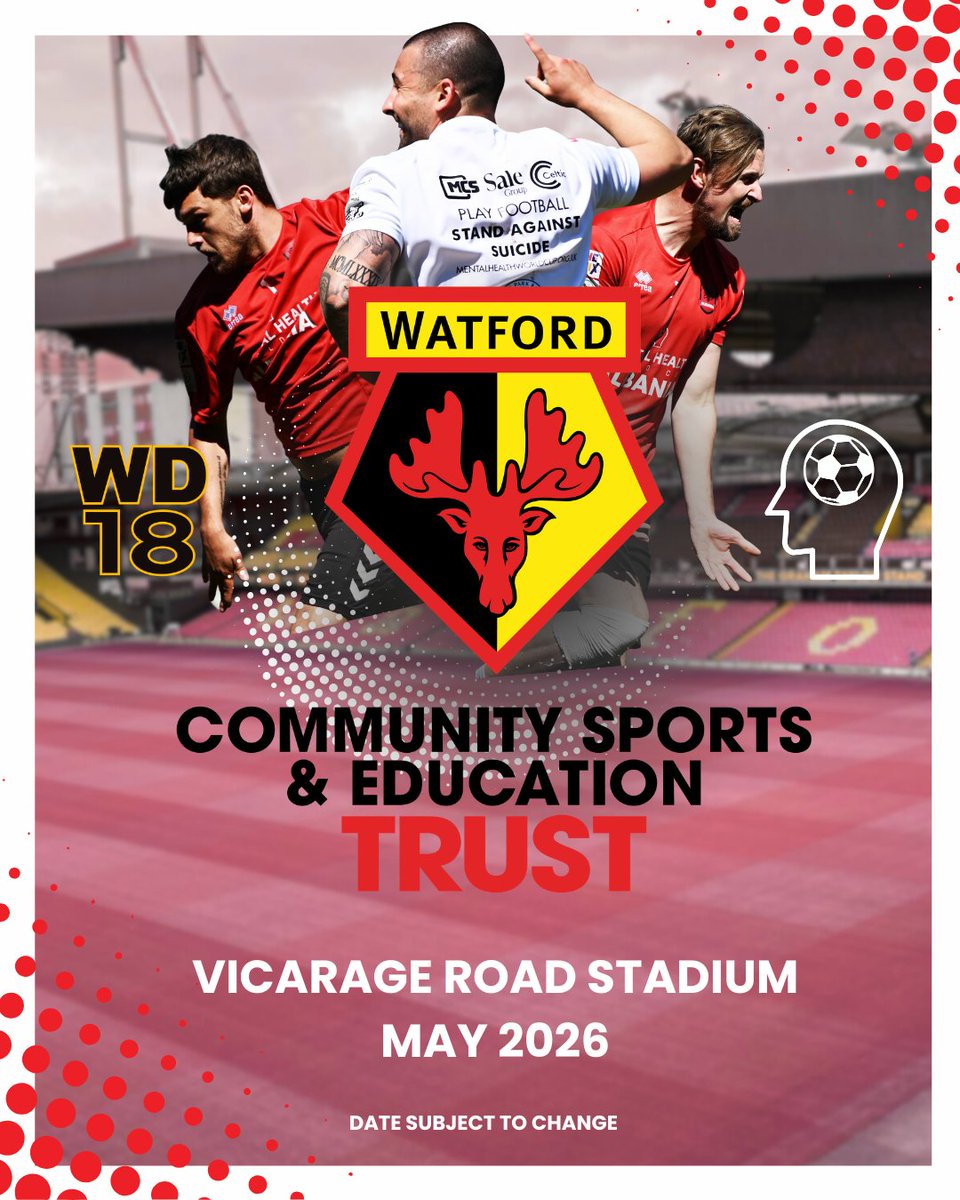 What's black, yellow, and red all over? 😉 Watford FC CSE Trust returns to host us at their Vicarage Road stadium in 2026 - sign ups open 10th September!

#mentalhealthworldcup #watfordfc