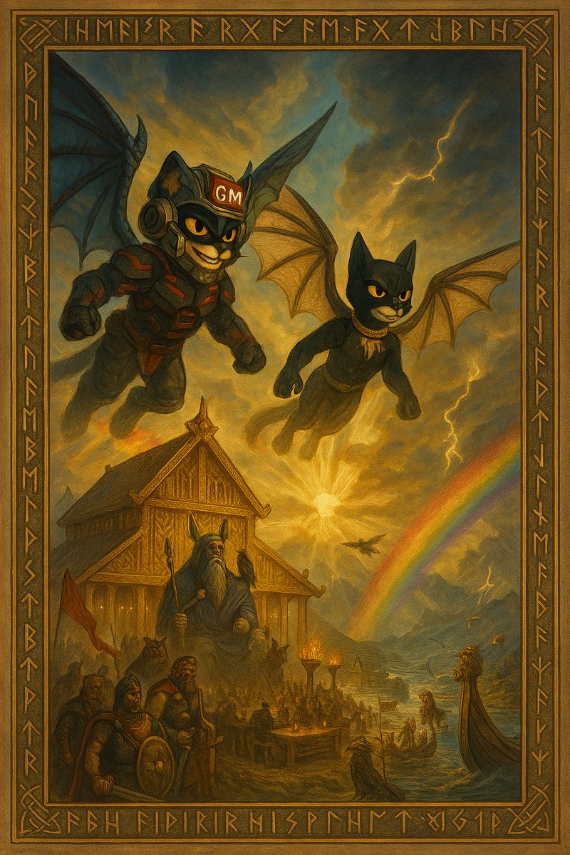 RastaCryptoMan's tweet photo. Two cats took flight above Asgard 🐱⚡
One armored, one shadowed 🦇
Rainbow skies, thunder rolling 🌈⚡
The saga of @SOLxColors begins…
#NFT #CT #ColorsProject #Web3 #NFTCommunity https://t.co/li6UHX9urh