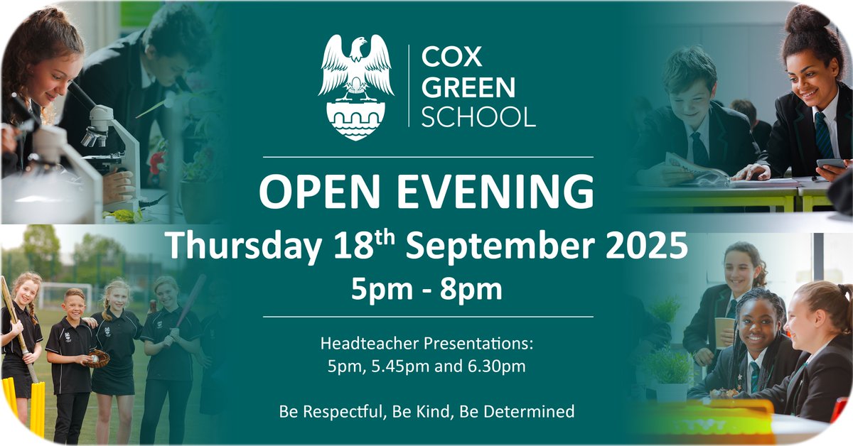 Only two weeks to go! 📅
Cox Green School Open Evening — Thu 18 Sept 2025
Meet our team, tour our facilities, and discover what makes Cox Green School a brilliant place to learn.
#CoxGreenSchool #OpenEvening #Maidenhead #FutureYear7